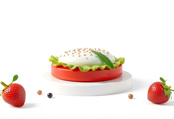 A white, round object with a leafy green topping and sesame seeds, on a red and white podium, with two whole strawberries.