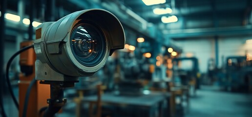 Fototapete - Security camera lens focused in a factory setting with a blurry background of machinery.