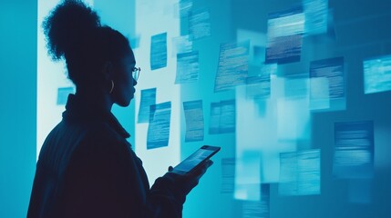 A woman is looking at a tablet with a blue screen