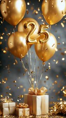 golden gift next to balloons and vertical bokeh background