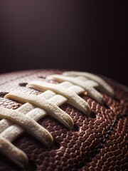 Vertical closeup shot of a brown rugby ball with white laces