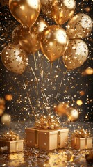 golden gift next to balloons and vertical bokeh background