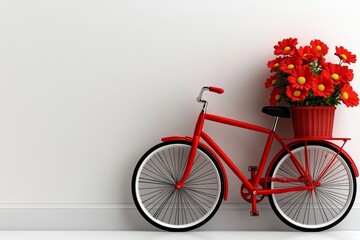 Wall Mural - a 2D cartoon illustration of a vintage bicycle with a basket of flowers cheerful and retro white background