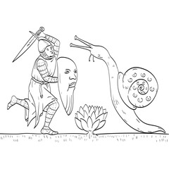 Line art drawing illustration of a knight or nobleman soldier fighting a giant snail with sword done in medieval style on isolated background in black and white.
