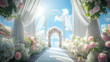 © Aleena - wedding stage backdrop with an arch, white and pink roses, white drapes and balloons, a large window in the background showing a blue sky and clouds, a long carpet leading to an open-air church