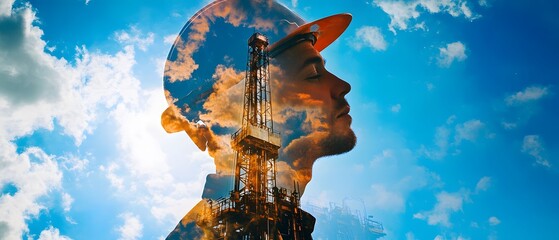 Worker with Dream of Oil Rig in Sunset Landscape