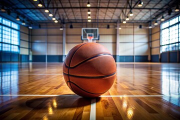 A basketball is sitting on the floor of a gym