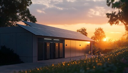 Modern home solar panels and battery storage on the wall of an outdoor garage