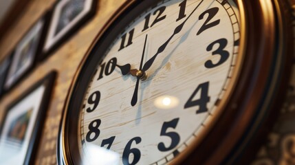 Large clock hangs on a wooden wall with family pictures, creating a cozy, inviting atmosphere in a vintage home interior