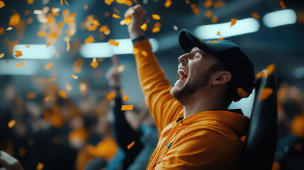 man celebrating milestone with confetti, expressing joy and excitement. atmosphere is festive and energetic, capturing moment of triumph