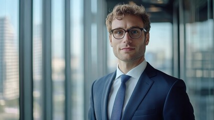 A professional portrait of a young European male executive standing confidently in a modern office with large windows revealing a city backdrop.