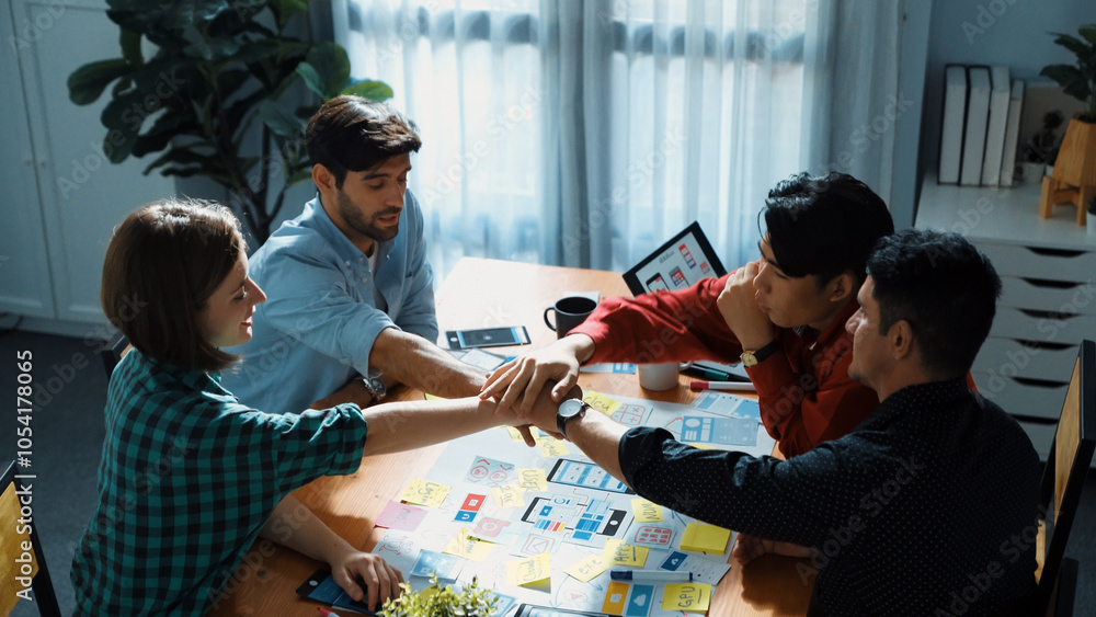 Top view of business team brainstorming idea by using mind map while ...
