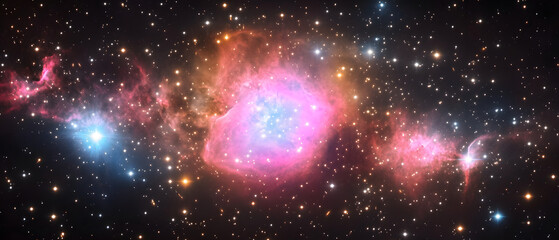 Wall Mural - a vibrant cosmos teeming with myriad stars prominently, a radiant pink-blue binaria at image's heart