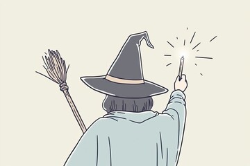 A whimsical illustration featuring a witch in a pointed hat holding a wand and broomstick, embodying the spirit of magic and mystery. Ideal for Halloween themes or fantasy artwork.