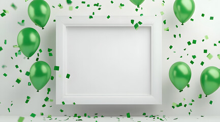 Wall Mural - A white frame encircled by green balloons and confetti against a white backdrop, accompanied by scattered green confetti