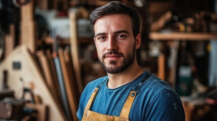 A portrait of a skilled male carpenter in a workshop, showcasing focus and craftsmanship. The image captures the essence of woodworking and manual skill.