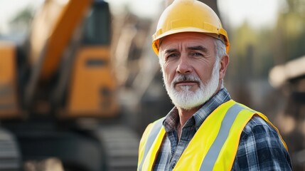 A mature European man wearing a safety helmet and reflective vest stands confidently at a construction site, showcasing a professional and diligent attitude.