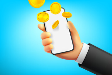 Poster - Businessman holding modern smartphone with coins falling down. 3d vector illustration