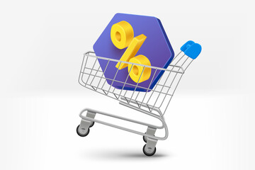 Poster - Shopping trolley with percent sign. 3d vector illustration