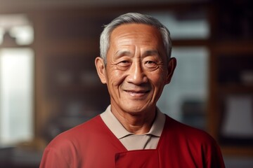 Wall Mural - Portrait of a happy asian elderly man in his 90s wearing a sporty polo shirt in scandinavian-style interior background