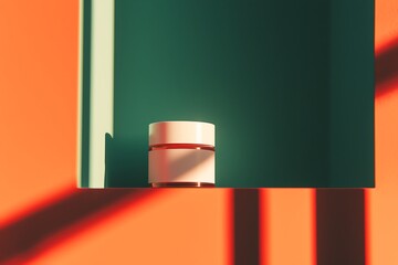 A minimalist composition of a white container on a colorful geometric background, showcasing modern design and clean lines.