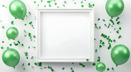 Wall Mural - A white frame encircled by green balloons and confetti against a white backdrop, accompanied by scattered green confetti