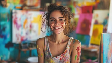 A spirited young Brazilian woman radiates joy in a colorful art studio. Her face is adorned with paint, reflecting creativity and vibrant spirit.