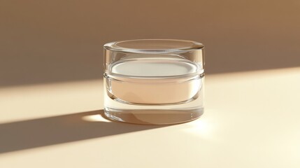 Aufkleber - A clear glass container sits on a smooth surface, revealing a creamy substance inside. Soft sunlight casts delicate shadows, enhancing the minimalist aesthetic of the tranquil indoor setting.
