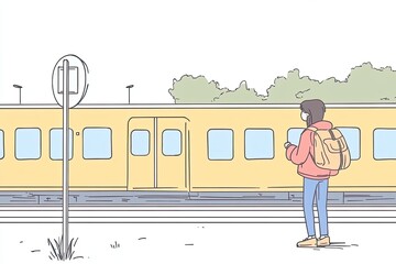 A traveler waits at a platform as a yellow train approaches, surrounded by scenic countryside. This illustration captures the essence of adventure and exploration.