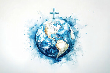 Wall Mural - Elegant watercolor painting of Earth with a cross, showcasing intricate details in soft blue tones against a white background