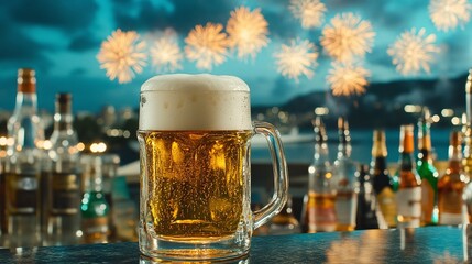 Beer Mug with Fireworks in the Background: A frothy beer mug sits on a bar counter with colorful fireworks illuminating the sky in the background