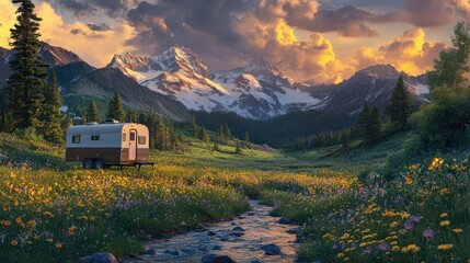 Adventure Trailer in San Juan Mountains: Alpine Meadow, Summer Wildflowers, Thunderclouds, and Mountain Stream - High-End Photography of a Natural Mountain Setting.