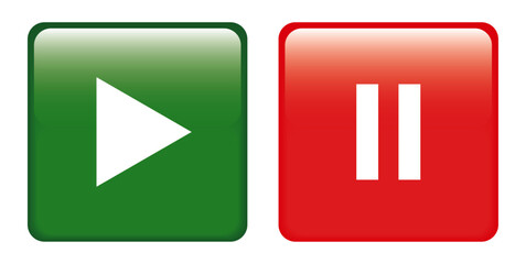 Play and pause 3D square buttons isolated on transparent or white background. Green and red glossy buttons with play and pause symbols for video, music, and audio concepts, vector illustration.