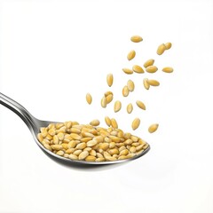 Spoon with grains of corn seeds on a white background.