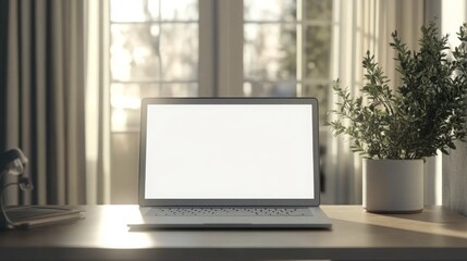 Aufkleber - A clean and minimalist workspace highlights a blank laptop on a wooden desk, accompanied by a small potted plant.