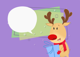 Christmas poster template design. Reindeer with gift box on abstract background with speech bubble for your text. Vector can be used for greeting cards, banners, flyers and brochures