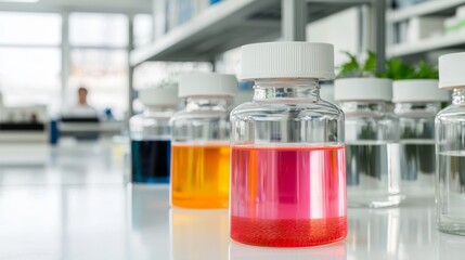 Vibrant liquids in lab bottles, modern research setting. Clean and sterile environment