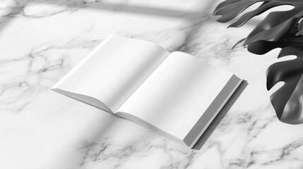 Poster - An open blank book lies on a polished marble table, gently lit by soft sunlight streaming through a nearby window. The serene atmosphere is complemented by a green plant in the background.