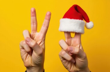 Two hands showing gesture V sign for victory or peace sign, or number two, yellow background, one hand in christmas hat