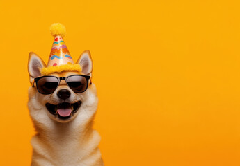 A cute shibu inu dog wearing a celebration party hat and sunglasses