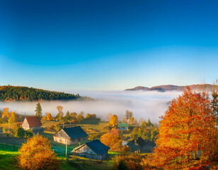 Wall Mural - Landscape in the countryside with fog over a village on an autumn morning