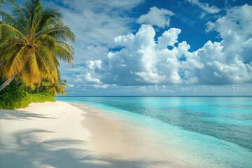 Beautiful island shores with fine sandy beaches, gentle palm trees, and a tranquil azure sea under a cloudy sky on a sunny summer afternoon in the maldives island group