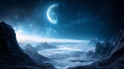 Canvas Print - a serene, otherworldly landscape featuring a luminous moon over misty mountains and a starry sky.