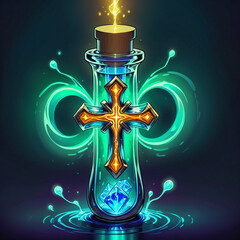 A glass bottle filled with a blue liquid and a golden cross inside, surrounded by glowing green swirls and droplets. A yellow spark emerges from the cork.