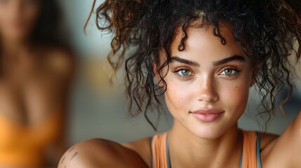 Captivating close up portrait of a young attractive female yoga instructor wearing activewear with a blurred studio environment in the background  The subject s natural beauty curly hair