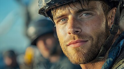 Close up portrait of a focused sailor or naval officer in official navy uniform with cap against a blurred ship s deck in the background conveying a sense of discipline duty and maritime service