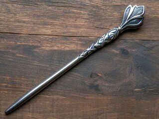 Decorative metal wand or magic stick on wooden background