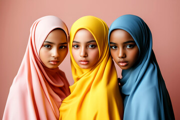 Portrait of three multiethnic muslim women with headscarves