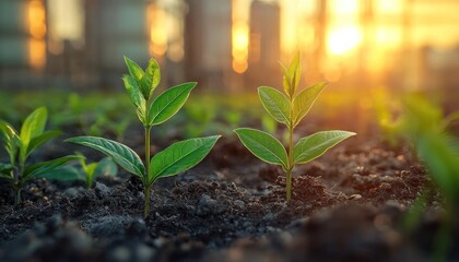 Poster - Two Green Saplings Growing in Soil at Sunset