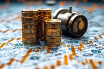 Aufkleber - Gold Coins Stacked on a Financial Chart with a Gauge in the Background